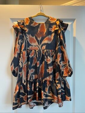 Tanya Taylor Navy, Rust & Cream Tiered Ruffle-Sleeve Dress